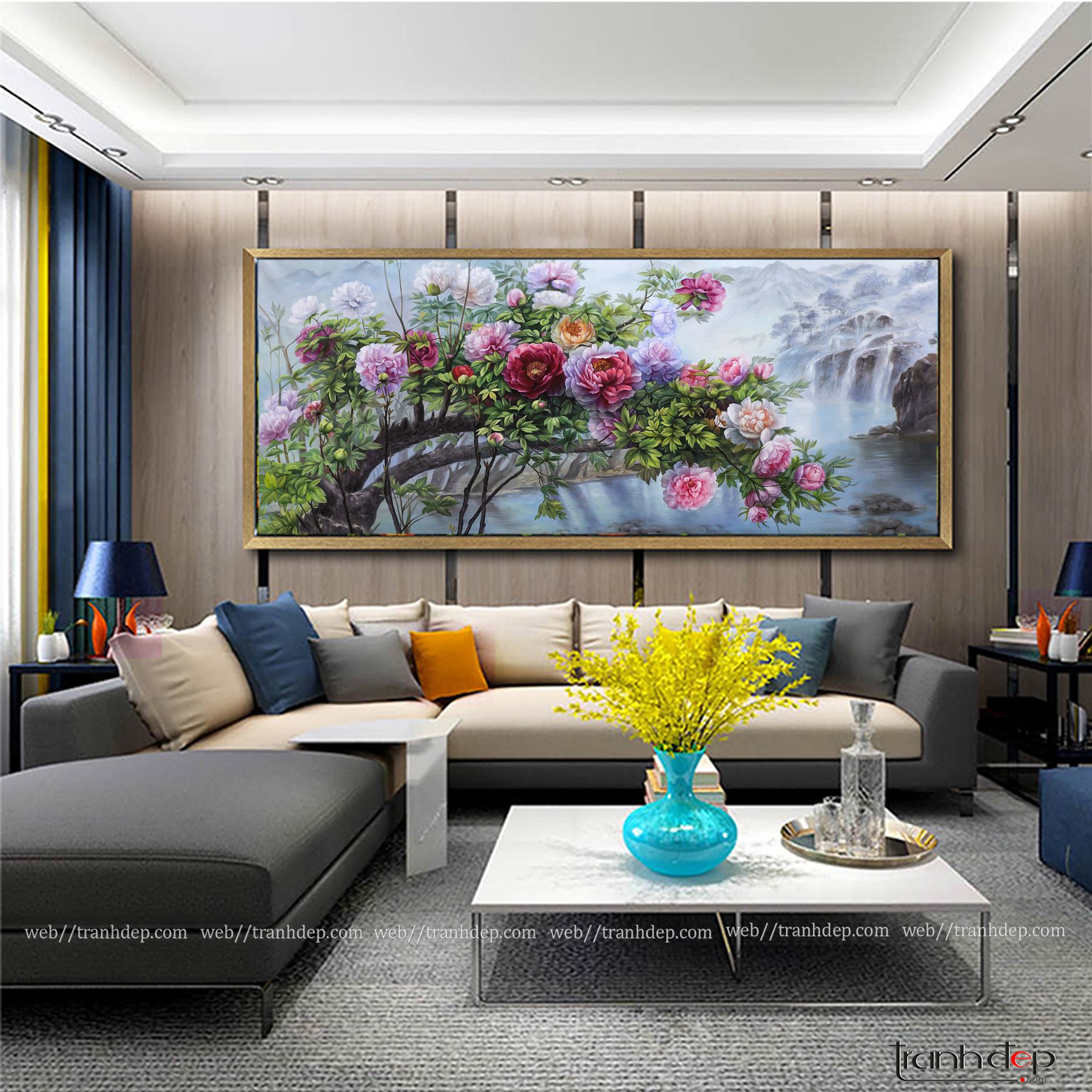 Tranh hoa mẫu đơn trang trí phòng khách
